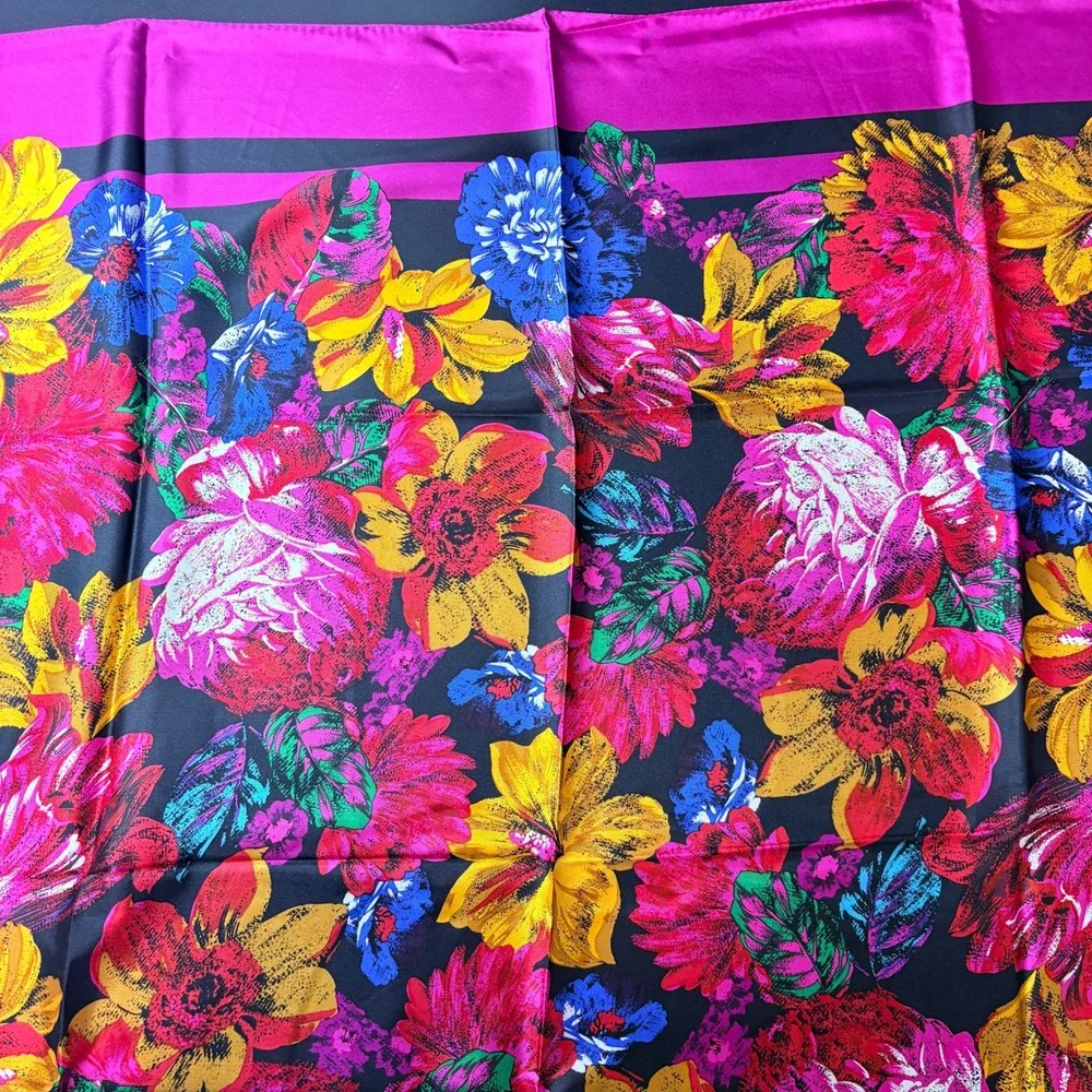 JH Collectibles Silk Scarf Vintage Floral‎ Fuchsia Black Square 34x34 Large